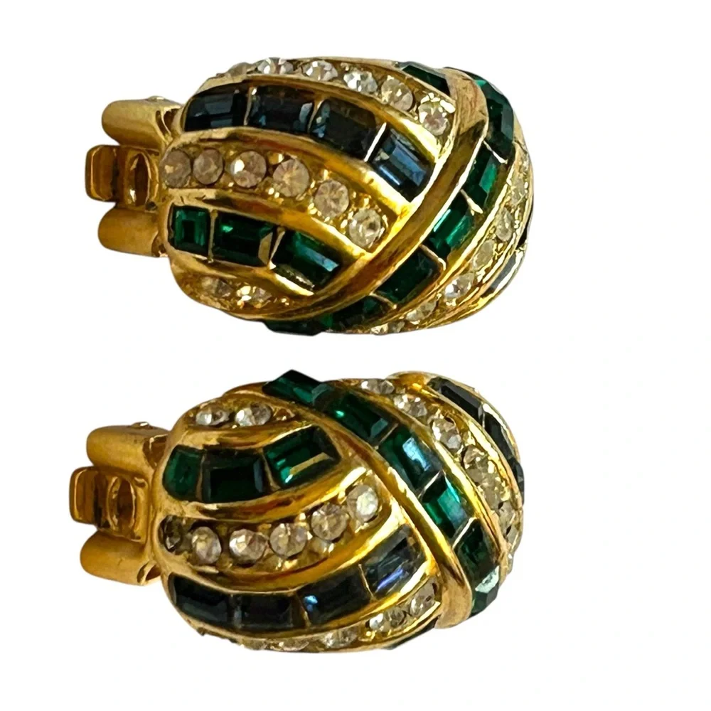 Vintage Dior Clip-On Earrings – Gold Tone Statement Emerald & Sapphire Baguettes - Picture 2 of 8